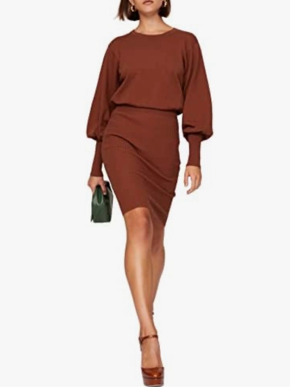 TOCCIN x Rent the Runway Brown Blouson Sleeve Sweater Dress